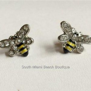 Silver Bumble Bee Earrings Post Pierced Crystal